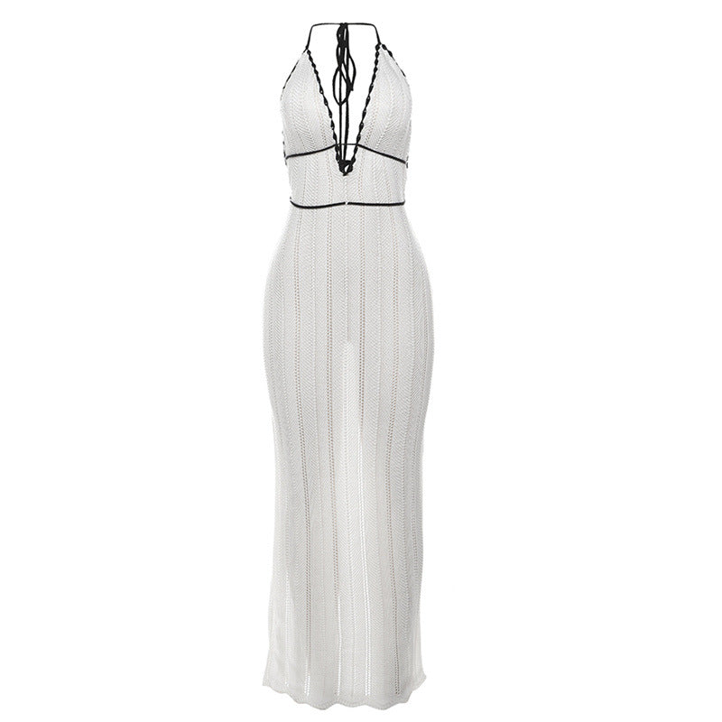 Damen Strick Maxikleid mit tiefem V-Ausschnitt und Bindebändern Echo Archiv