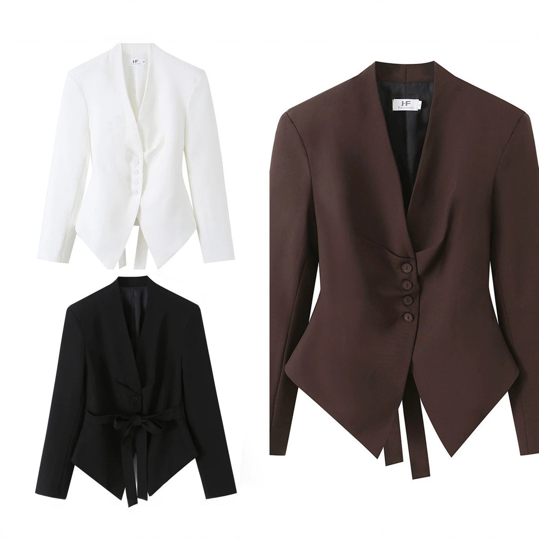 Damen Taillierter Blazer mit V-Ausschnitt, schmaler Bundschärpe und spitzem Saum Echo Archiv