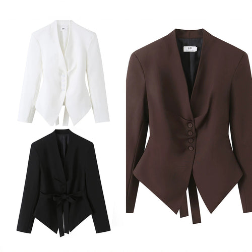 Damen Taillierter Blazer mit V-Ausschnitt, schmaler Bundschärpe und spitzem Saum Echo Archiv