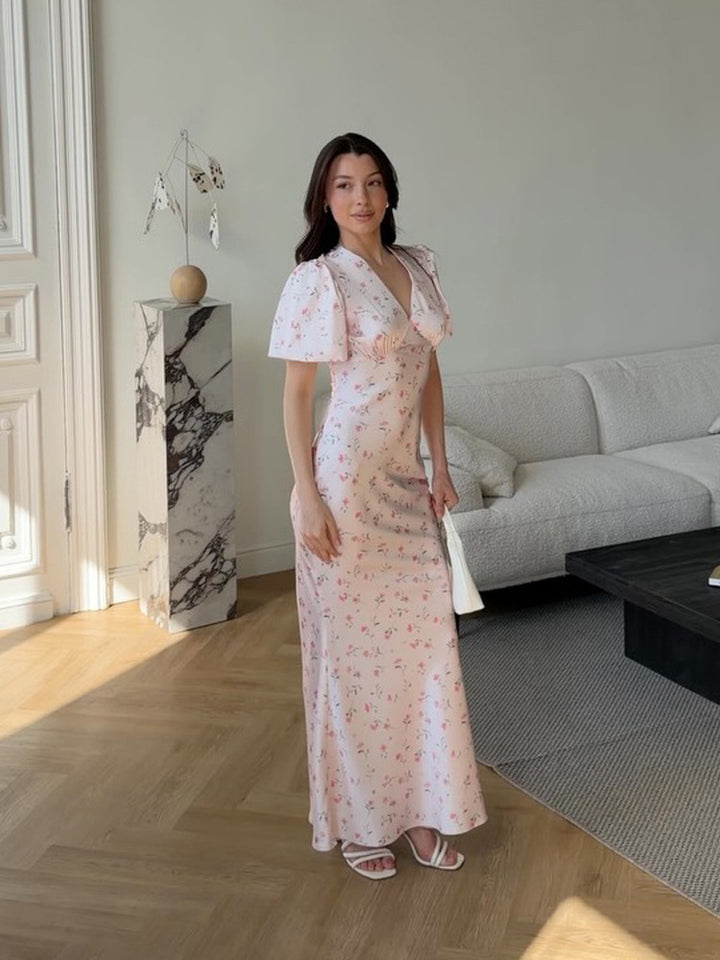 Damen Maxikleid mit floraler Satinoptik, taillierter Silhouette und kurzen Puffärmeln Echoarchiv
