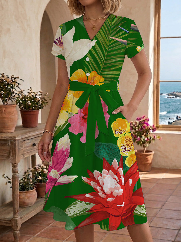 Damen Midikleid mit floralem Motiv und Taillengürtel Echo Archiv