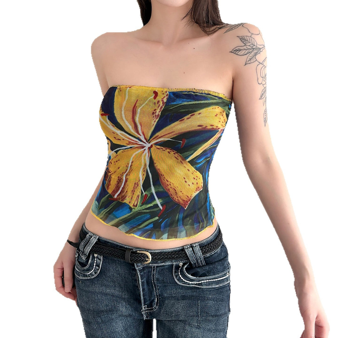 Damen Bandeau-Top mit buntem floralen Druck und elastischem Saum Echo Archiv