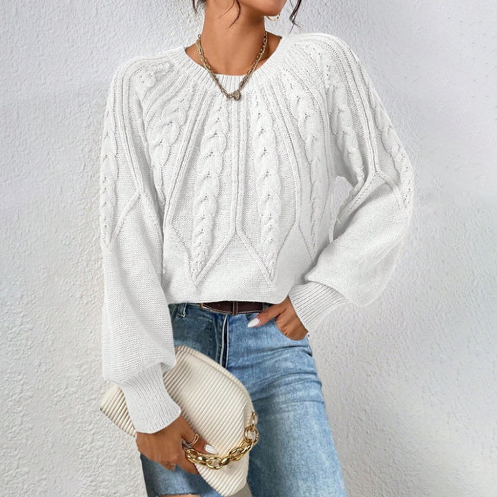 Damen nan kurzer Zopfmuster-Strickpullover mit Ballonärmeln und geripptem Saum Echo Archiv