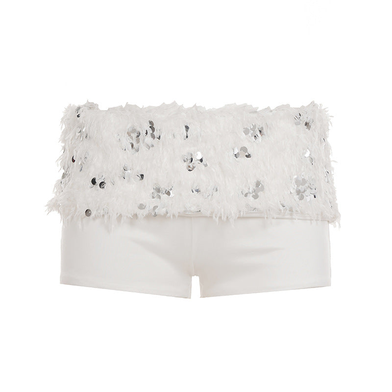 Damen schickes Oberteil und Shorts-Set mit funkelnden Pailletten und dekorativen Federn Echo Archiv