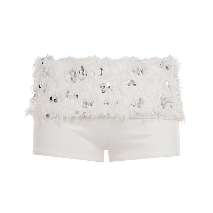 Damen schickes Oberteil und Shorts-Set mit funkelnden Pailletten und dekorativen Federn Echo Archiv