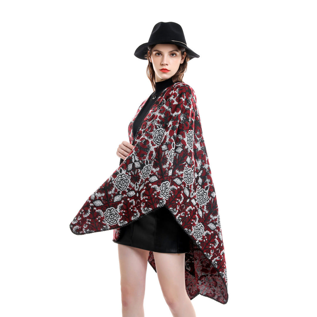 Damen Jacquard-Überwurfponcho im kastigen Kimono-Fall mit floral-animalischem Muster Echo Archiv