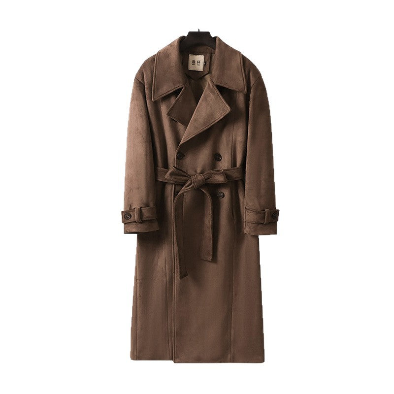Herren Doppelreihiger Trenchcoat aus Velourslederimitat mit Taillengürtel und weitem Revers Echoarchiv