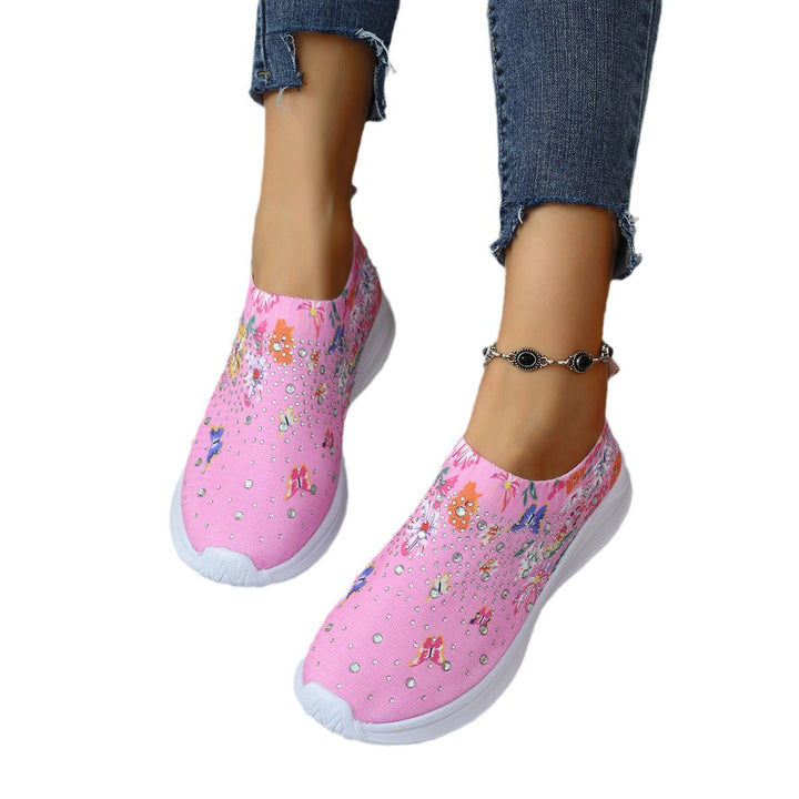 Damen Slip-On Strick-Sneaker mit elastischem Schaft, Blumenprint und Strassbesatz – Névara