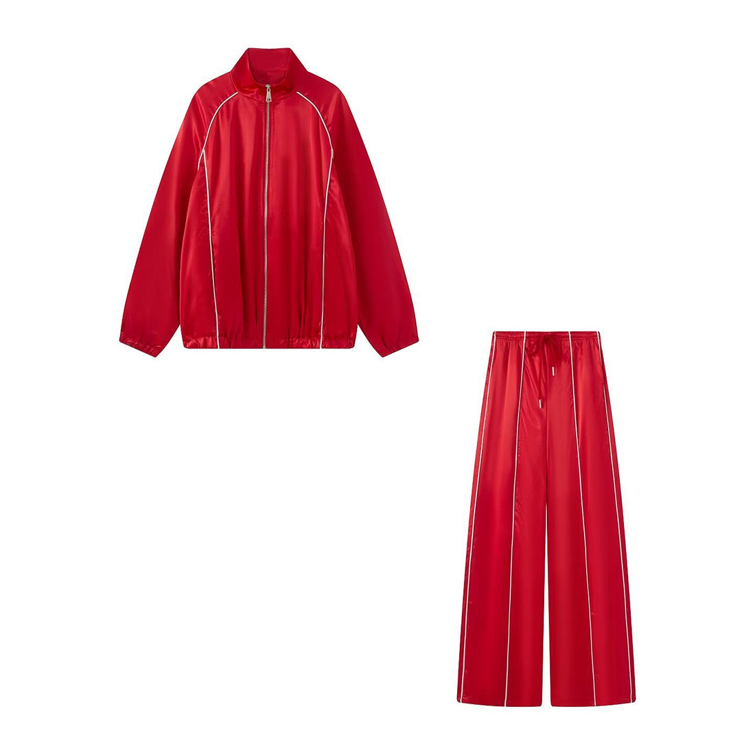 Damen Zweiteiliges Satin-Trainingsset mit Reißverschlussjacke und weitem Trackpant Echoarchiv