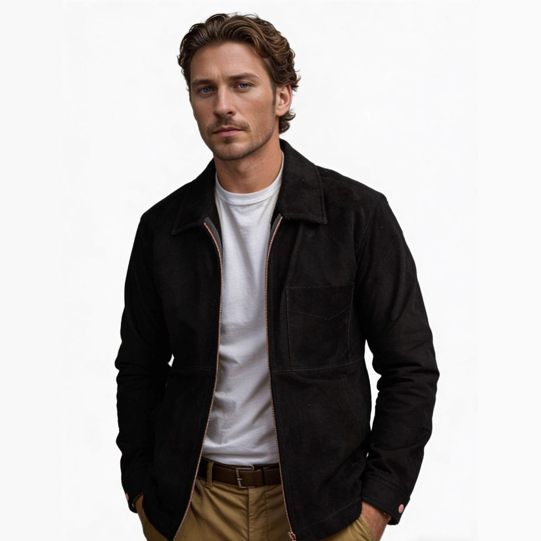 Herren Velourslederjacke mit Reißverschluss und Hemdkragen Echoarchiv