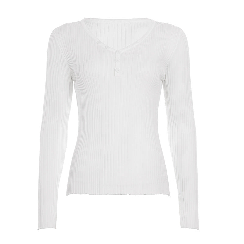 Damen nan feinstrukturierter Rippstrick-Longsleeve mit V-Ausschnitt, Henley-Knopfleiste und taillierter Passform Echo Archiv