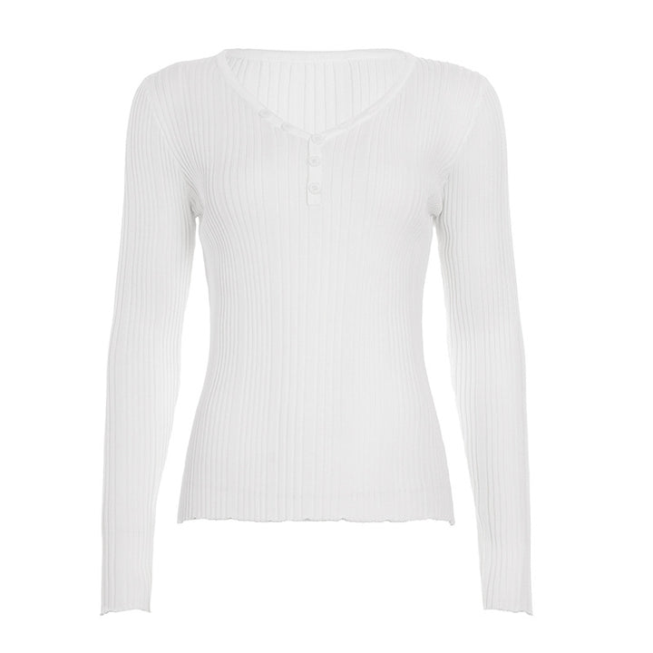 Damen nan feinstrukturierter Rippstrick-Longsleeve mit V-Ausschnitt, Henley-Knopfleiste und taillierter Passform Echo Archiv