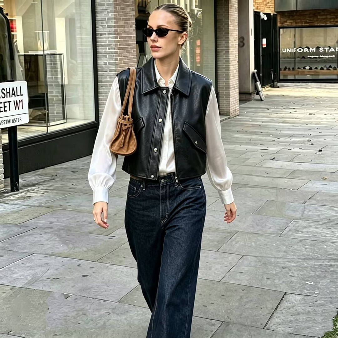 Damen Cropped Utility Weste aus Lederoptik mit Kragen, Ringzipper und aufgesetzten Pattentaschen Echoarchiv