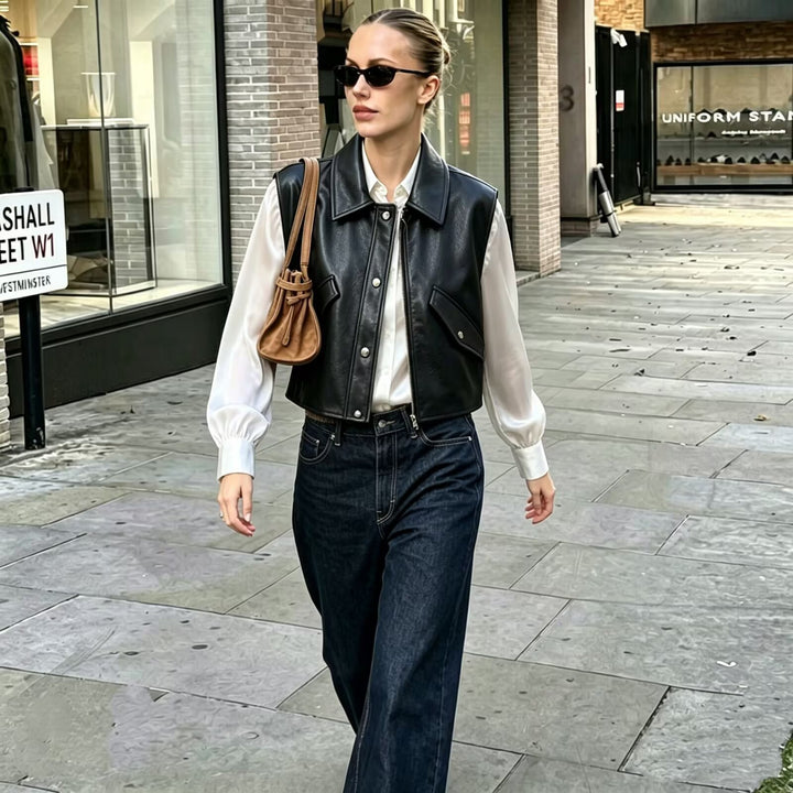 Damen Cropped Utility Weste aus Lederoptik mit Kragen, Ringzipper und aufgesetzten Pattentaschen Echoarchiv