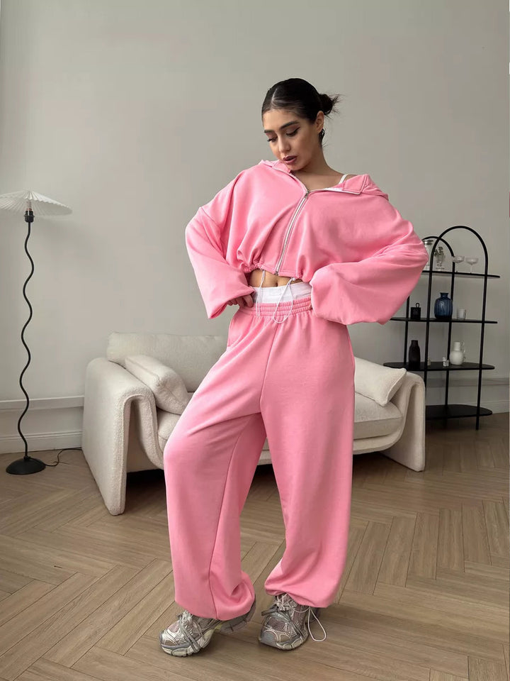 Damen nan cropped Reißverschluss-Hoodie mit Tunnelzugsaum und weitem Sweatpants-Schnitt Echo Archiv