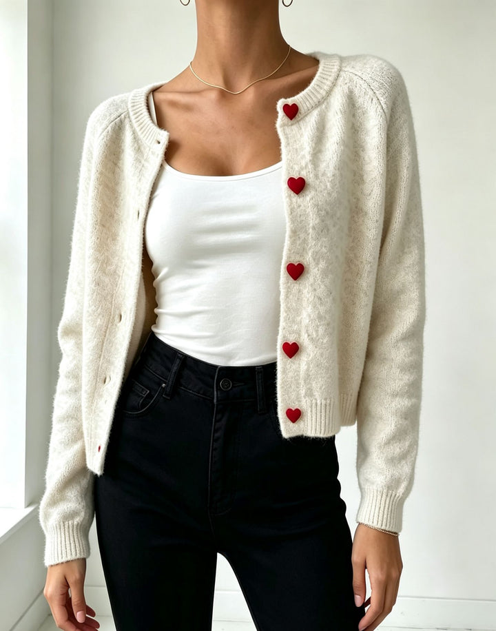 Damen Strickcardigan mit herzförmigen Zierknöpfen und weicher Mohair-Optik – Veloura