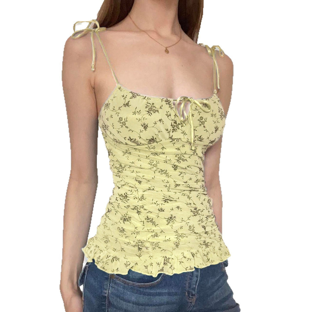 Damen luftiges Blumenmuster Top mit Rüschendetails und verstellbaren Trägern Echo Archiv