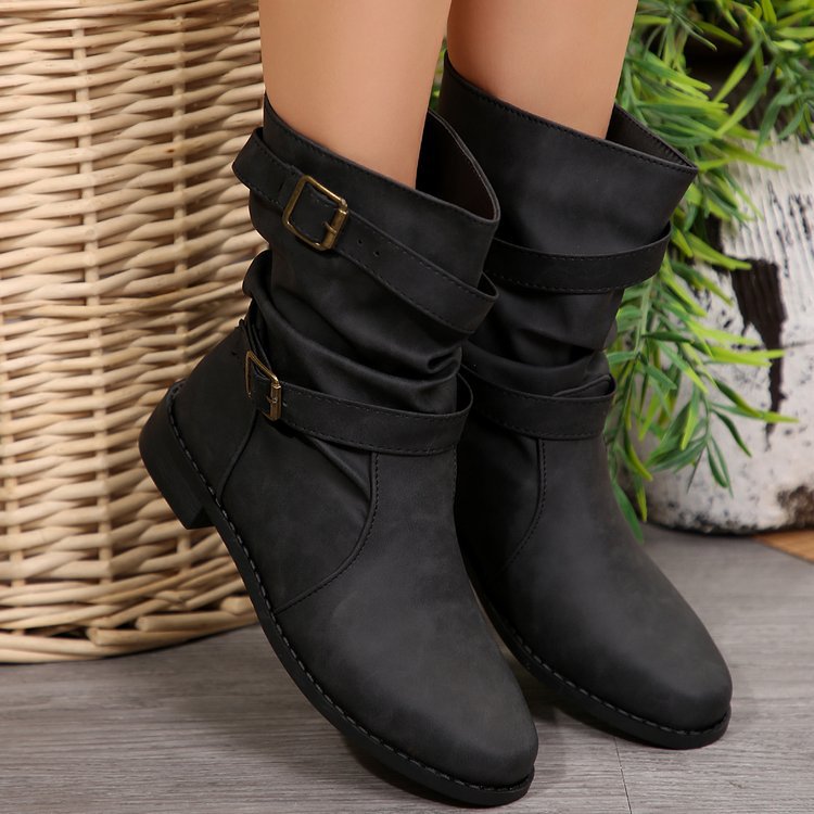 Damen nan lässige Slouch-Ankleboots mit zwei Zier-Riemen und dekorativen Metallschnallen Echo Archiv