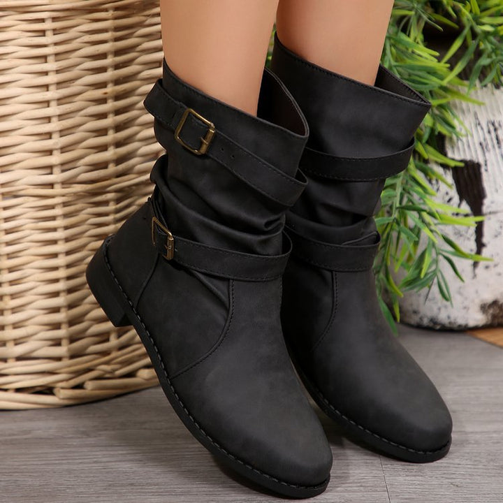 Damen nan lässige Slouch-Ankleboots mit zwei Zier-Riemen und dekorativen Metallschnallen Echo Archiv