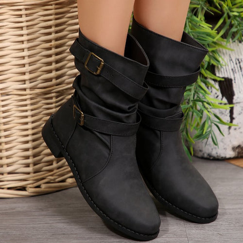 Damen nan lässige Slouch-Ankleboots mit zwei Zier-Riemen und dekorativen Metallschnallen Echo Archiv