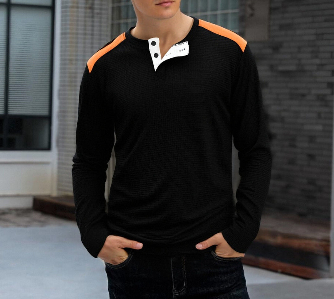 Herren strukturiertes Henley-Langarmshirt mit Stehkragen, Schulterpaspel und Waffelstruktur – Arvello