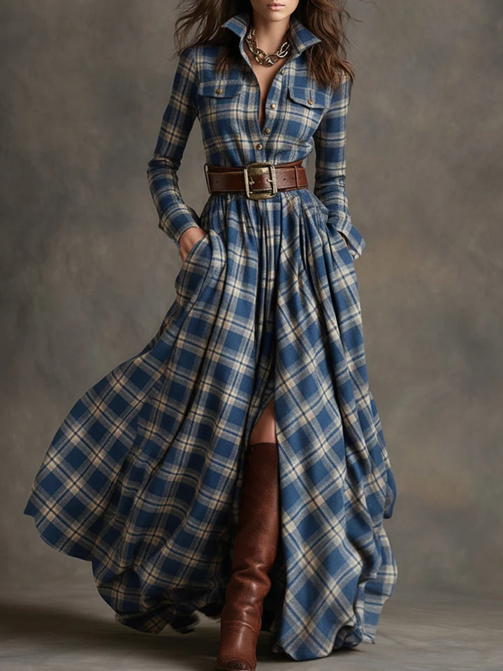 Damen nan karierte Maxikleid Hemdblusenkleid mit ausgestelltem Rock und breitem Taillengürtel Echo Archiv