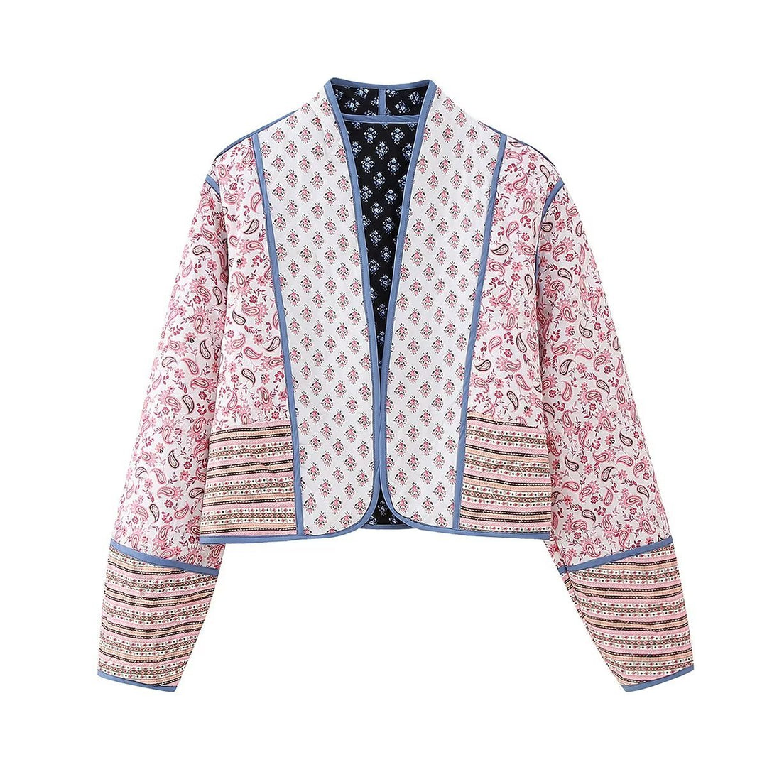 Damen Kurze gesteppte Patchwork‑Jacke mit Paisley‑ und Blumenprints, offener Kimono‑Schnitt und Kontrastpaspel Echo Archiv