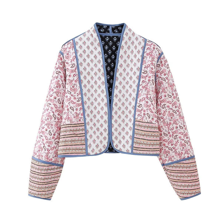 Damen Kurze gesteppte Patchwork‑Jacke mit Paisley‑ und Blumenprints, offener Kimono‑Schnitt und Kontrastpaspel Echo Archiv