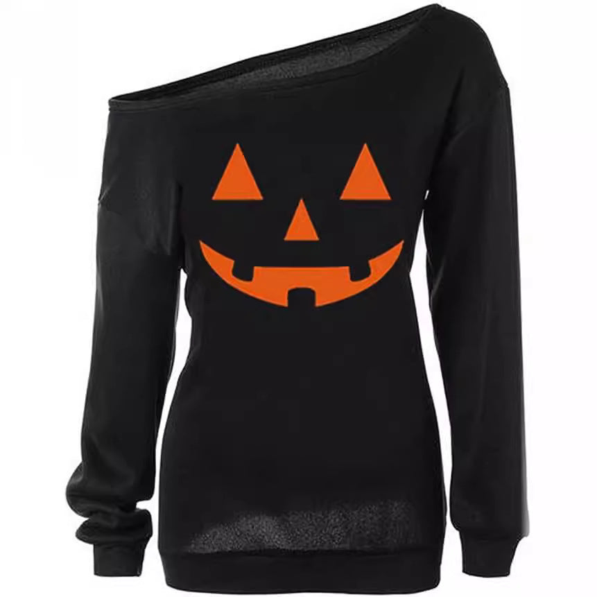 Damen Oversize Off-Shoulder Strickpullover mit Halloween-Kürbismotiv Echo Archiv