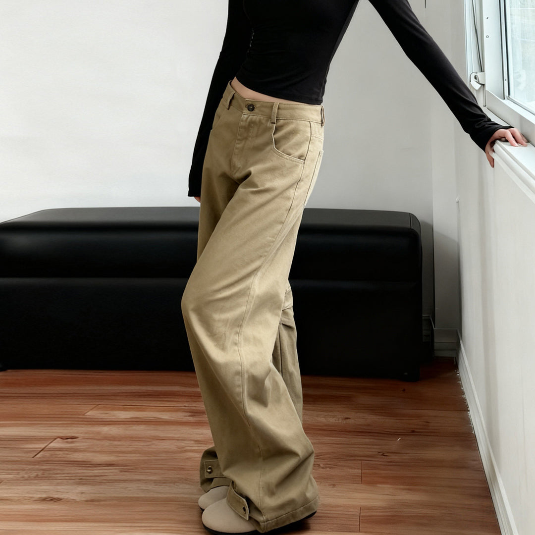 Damen Weite High‑Waist Schlaghose mit verstellbaren Knopfmanschetten und Knieabnähern – Avélisse