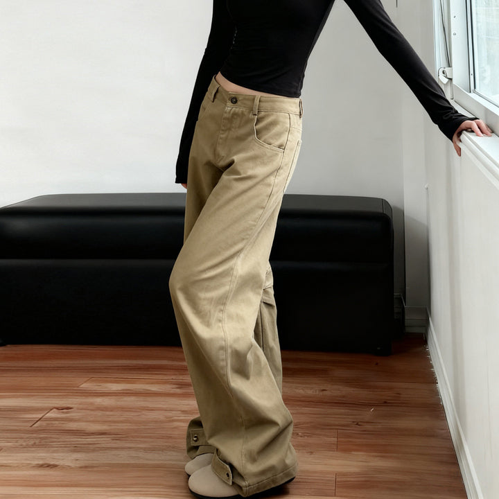 Damen Weite High‑Waist Schlaghose mit verstellbaren Knopfmanschetten und Knieabnähern – Avélisse