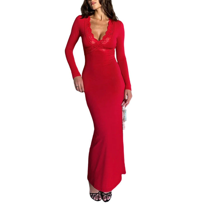 Damen figurbetontes Maxikleid mit Spitzen-Bustier tiefem V-Ausschnitt und taillierter Empire-Naht – Valéora