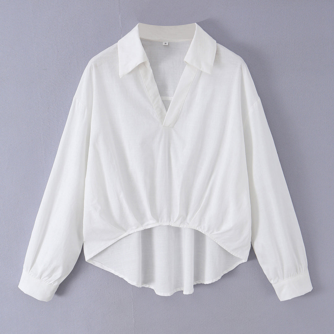 Damen lockere Baumwollbluse mit V-Ausschnitt, Hemdkragen und gerafftem Zipfelsaum – Élovi