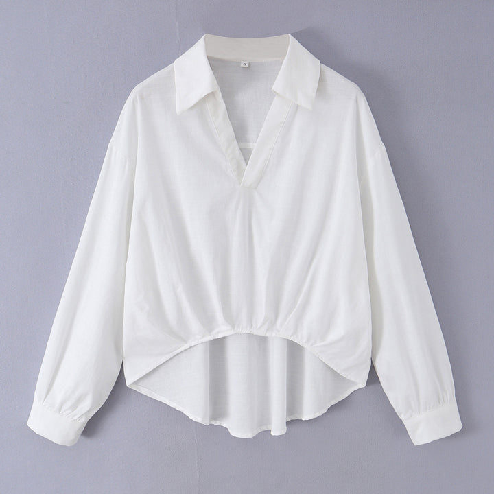 Damen lockere Baumwollbluse mit V-Ausschnitt, Hemdkragen und gerafftem Zipfelsaum – Élovi