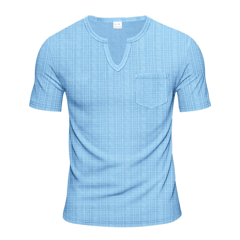 Herren Kurzarm-Henley-T-Shirt mit modernem V-Ausschnitt und praktischer Brusttasche Echoarchiv