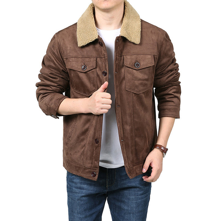 Herren Velourslederoptik Hemdjacke im Trucker‑Stil mit Teddykragen & Pattentaschen Echoarchiv