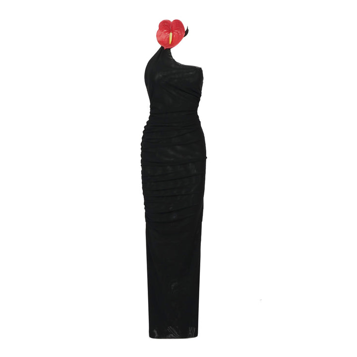 Damen elegantes drapiertes Abendkleid mit asymmetrischem Schnitt und hohem Schlitz Echo Archiv
