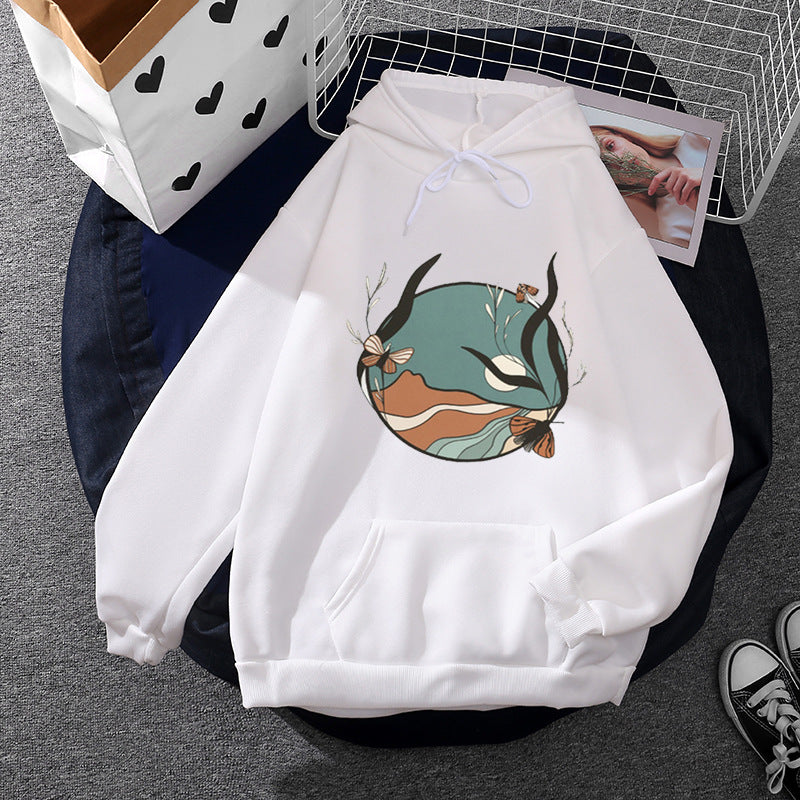 Damen lässiger Kapuzenpullover mit künstlerischem Mond‑und‑Pilzmotiv, weichem Fleecefutter und Kängurutasche – Auréline