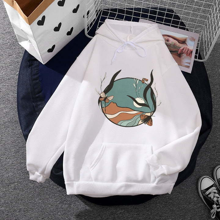 Damen lässiger Kapuzenpullover mit künstlerischem Mond‑und‑Pilzmotiv, weichem Fleecefutter und Kängurutasche – Auréline