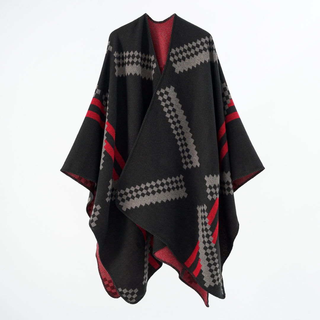 Damen Oversize-Umhangponcho aus Wollmix mit geometrischem Jacquard und Ziernaht – Célinea