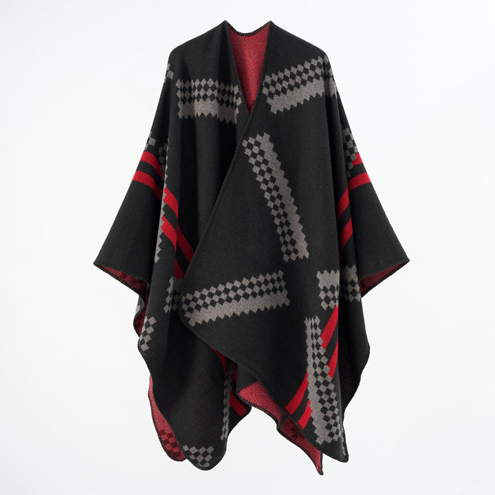 Damen Oversize-Umhangponcho aus Wollmix mit geometrischem Jacquard und Ziernaht – Célinea