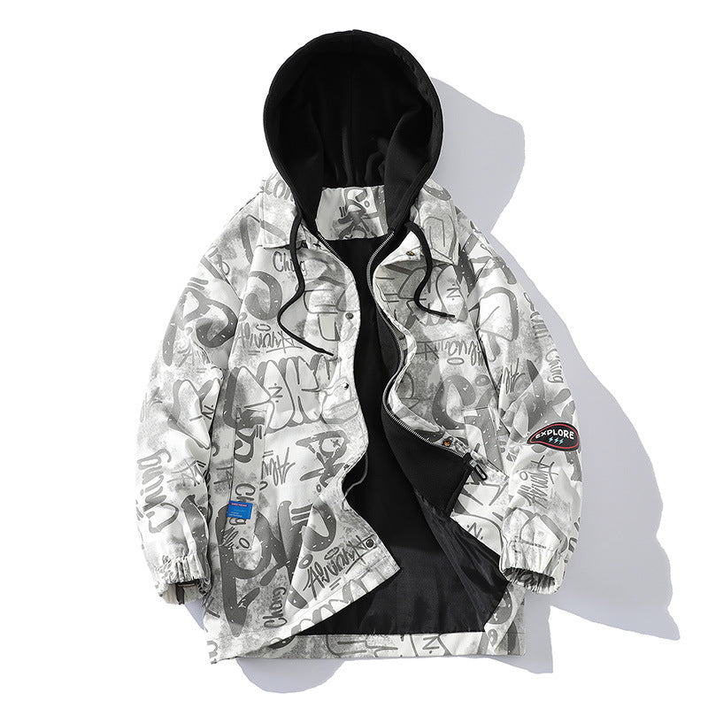 Herren Graffiti-Print Kapuzenparka mit Zip-In Fleece-Innenlayer Echoarchiv