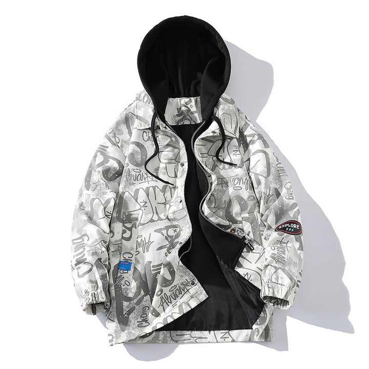Herren Graffiti-Print Kapuzenparka mit Zip-In Fleece-Innenlayer Echoarchiv
