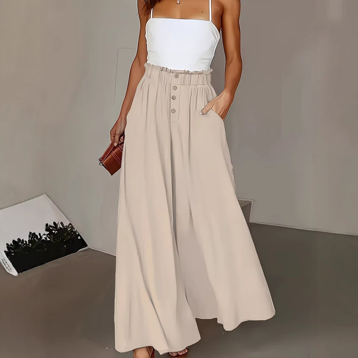 Damen weite Leinenhose mit hohem, gerafftem Bund und Knopfverzierung Echo Archiv