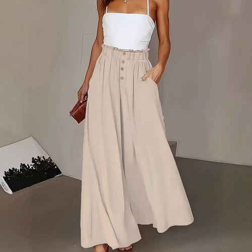 Damen weite Leinenhose mit hohem, gerafftem Bund und Knopfverzierung Echo Archiv
