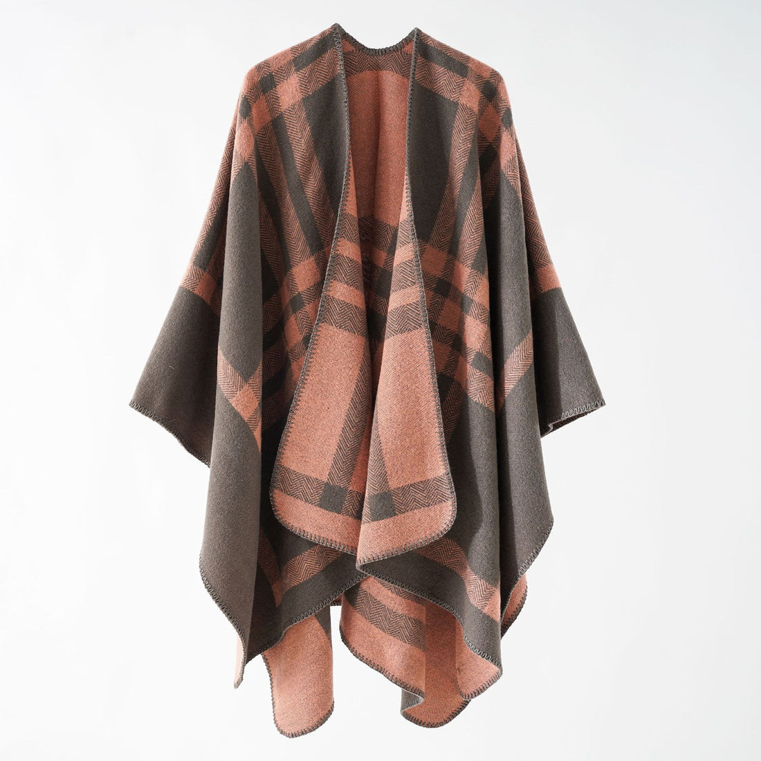 Damen Oversize-Webponcho im kastigen Kimono-Fall mit geometrischer Karo-Struktur – Célinea