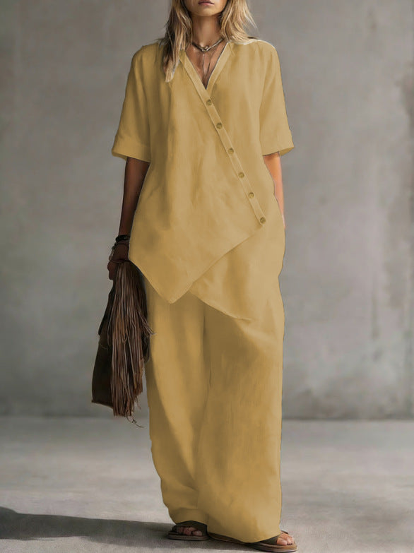 Damen Leinen-Zweiteiler mit asymmetrischer Knopfleiste und weiter Palazzo-Hose – Élanora