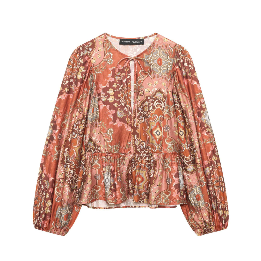 Damen Boho-Bluse mit Paisley-Print, Bindeband-Ausschnitt, geraffter Taille und voluminösen Ballonärmeln – Élovi