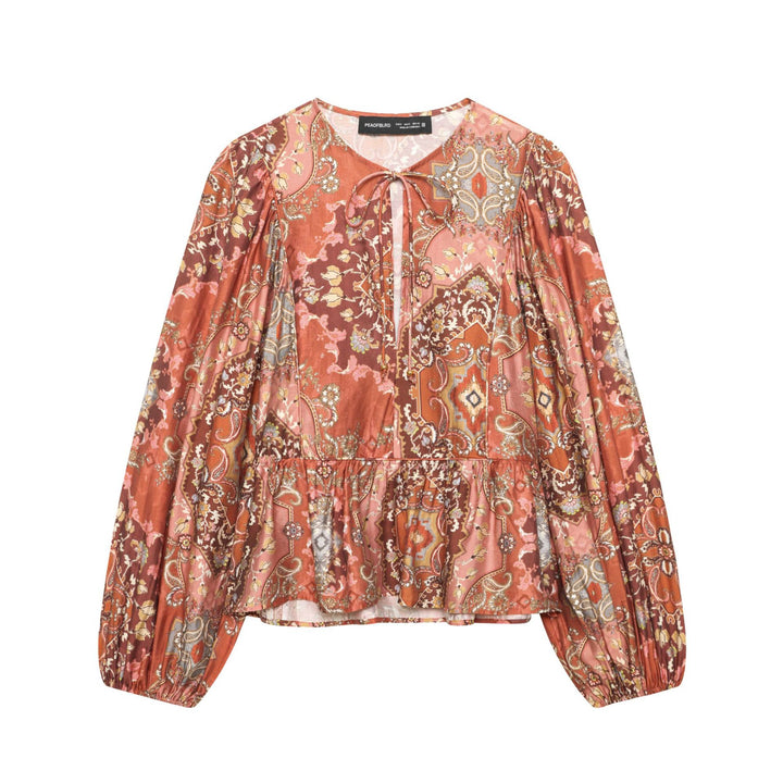 Damen Boho-Bluse mit Paisley-Print, Bindeband-Ausschnitt, geraffter Taille und voluminösen Ballonärmeln – Élovi