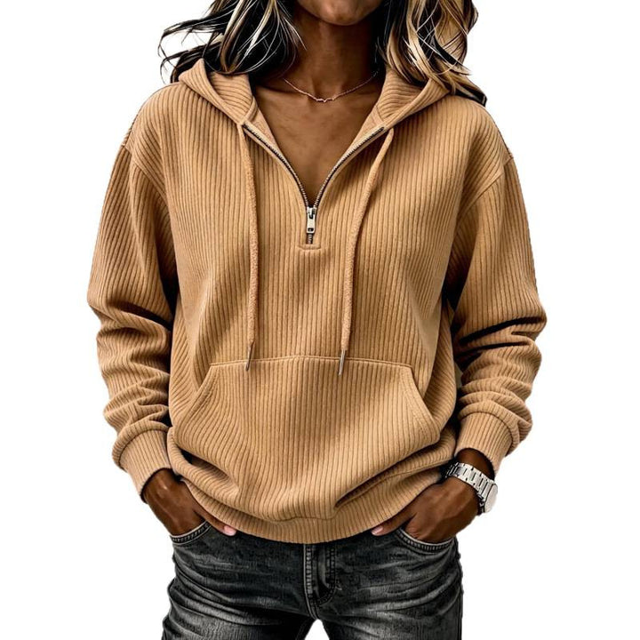 Damen lässiger Oversize Rippstrick-Kapuzenpullover mit halbem Reißverschluss Echoarchiv